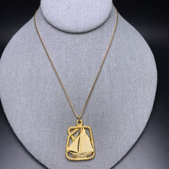 Sailboat Pendant Necklace Etched Matte Gold Tone Over Pewter Classic Vintage - Picture 2 of 10